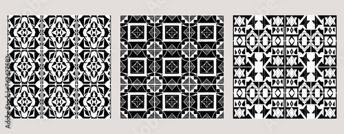 Set of 3 Oriental black and white pattern for fabric, wallpaper, flyer, business card. For use in graphics.