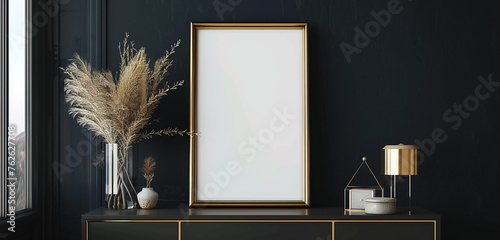 A modern gold frame mockup on a sleek jet black backdrop, epitomizing sophistication and luxury, making a bold statement in any room. photo