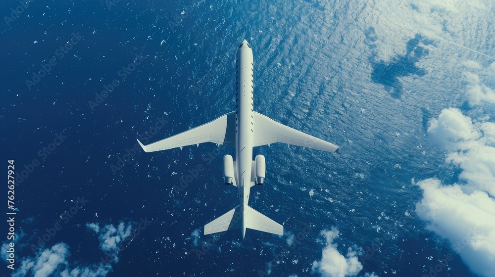 Experience the thrill of travel with a top view of a sleek white passenger jet against a vast blue sky, symbolizing global connectivity. Experience the thrill of travel with a top view of a sleek white passenger jet against a vast blue sky, symbolizing global connectivity.