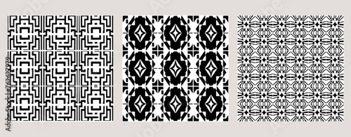 Set of 3 Oriental black and white pattern for fabric, wallpaper, flyer, business card. For use in graphics.