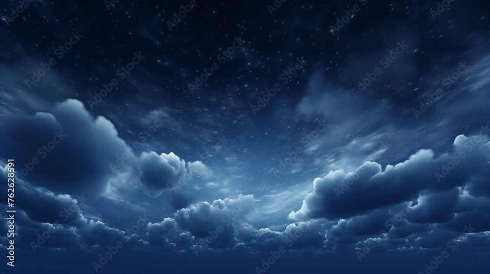 Tranquil night sky background with glowing stars and soft clouds