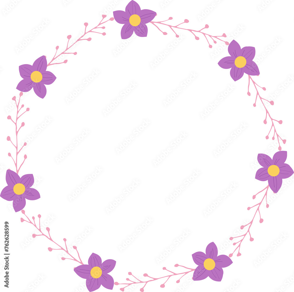 frame with purple flowers, floral round border, rounf flowers wreath