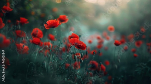 A dreamy image of a field of poppies, their vibrant red petals standing out against a soft-focus backdrop of greenery.