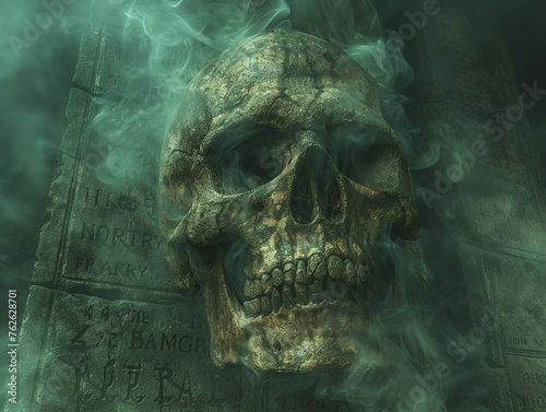 Ethereal crystal skull, fading inscription, forgotten temple adventure, amidst swirling mist © Pornarun