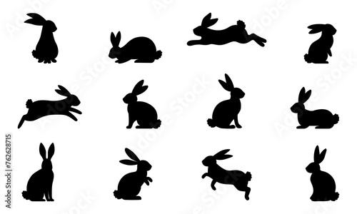 Collection of silhouettes of black Easter rabbits. Vector illustration.