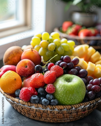 Transform your kitchen counter into a delightful display of juicy and colorful fresh fruit  illuminated by soft natural light for a serene vibe.