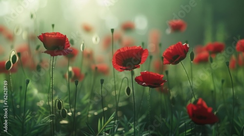 A dreamy image of a field of poppies, their vibrant red petals standing out against a soft-focus backdrop of greenery.