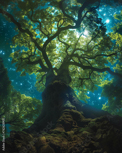 Majestic tree  shimmering leaves  ancient guardian of the forest  standing tall amidst a vibrant ecosystem Surreal landscape under the shimmering moonlight  conveying a sense of awareness