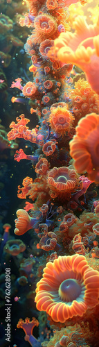 Microscopic bacteria, coral reef, blooming with life, thriving in a vibrant underwater ecosystem, showcasing their intricate formations and diverse colors, captured in a mesmerizing © Pornarun