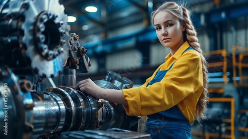 Confident young female engineer working on industrial machinery in a manufacturing plant. Female worker skillfully operating high-tech machinery in a modern manufacturing setting. Generative AI.