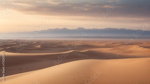 Vast desert landscape, undulating dunes stretching to the horizon, soft evening light, outdoor nature photo