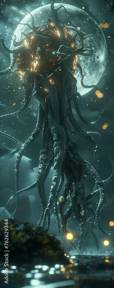 Fototapeta premium glowing tentacles, floating gracefully in a moonlit ocean, casting an ethereal light on the surrounding creatures