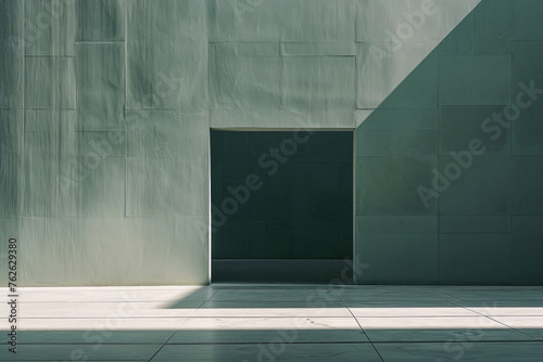 Sunlight casting shadow on a textured wall with recessed doorway. 3D render for design and print. Architectural design and minimalism concept with copy space. Studio shot with play of light and shadow