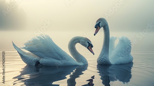 itness the serene beauty of a graceful couple of white swans gliding majestically across tranquil waters, embodying elegance and love photo