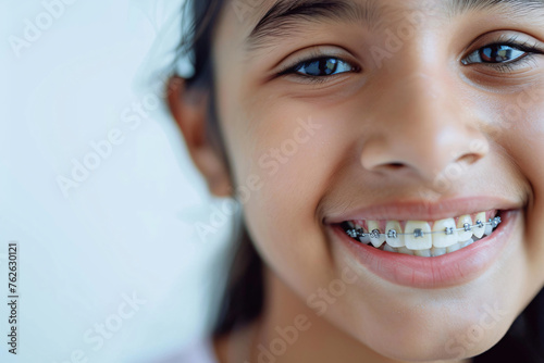 smiling teenage indian girl with braces, close up portrait of indian teen, orthodontic treatment, blurred background