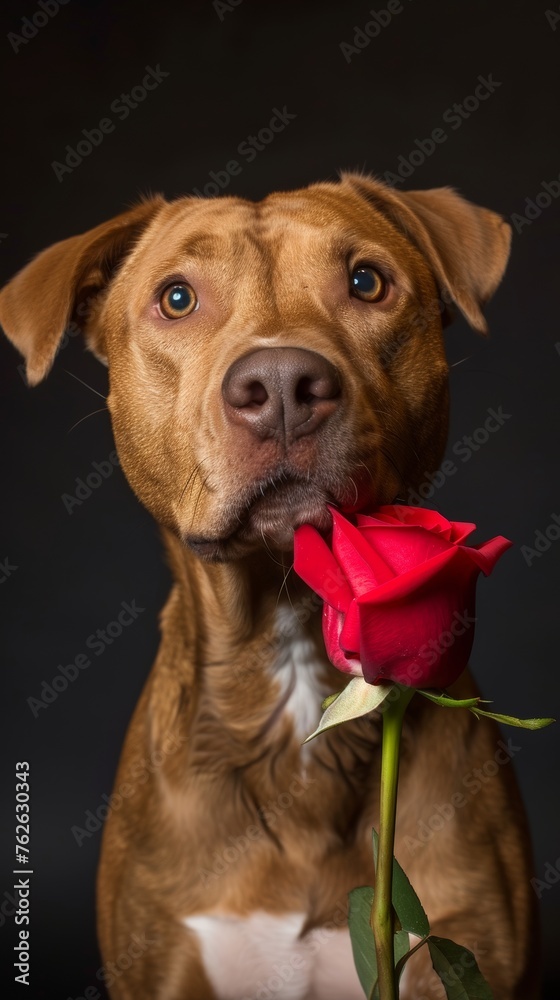 Affectionate Brown Dog Holding a Single Red Rose in Its Mouth