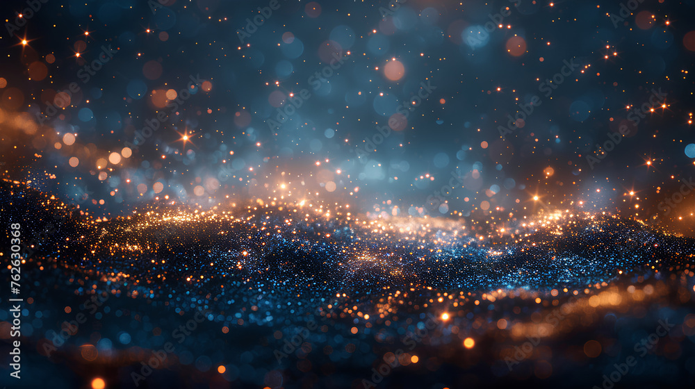 Obraz premium Golden blue starry bokeh fantasy background glittering