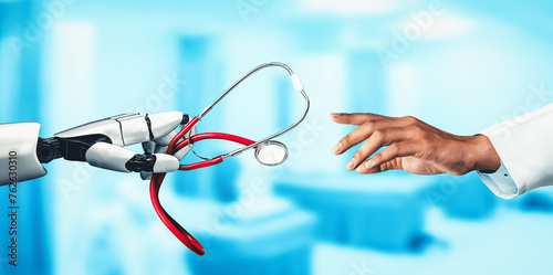 Fotografie XAI 3D rendering medical artificial intelligence droid robot working in future hospital
