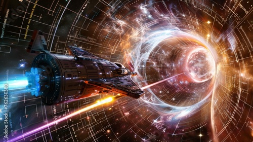 Fototapeta Naklejka Na Ścianę i Meble -  A futuristic space station with a spiral design orbiting in space, showcasing advanced technology and innovative architecture. The spiral structure is a prominent feature, indicating a unique and func