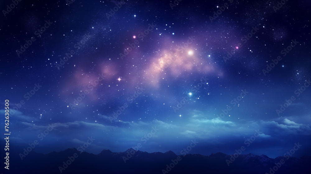 Starry mountain sky background with cosmic nebula illuminating the horizon