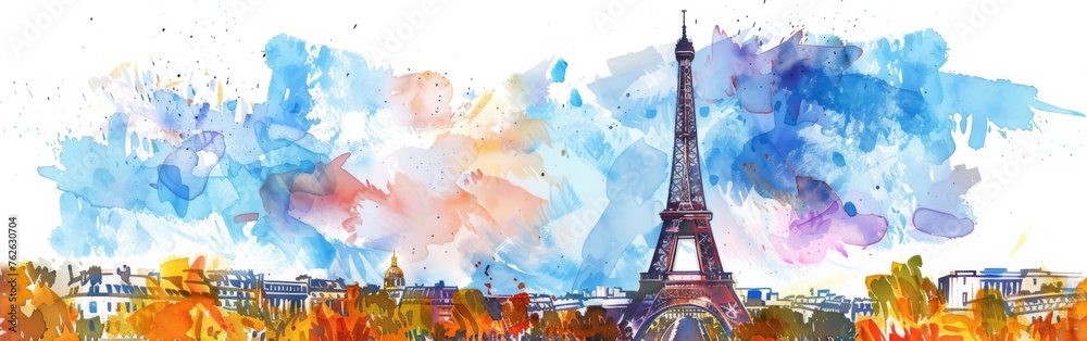 A detailed watercolor painting depicting the iconic Eiffel Tower standing tall in the bustling city of Paris, capturing the architectural beauty and grandeur of this famous landmark.