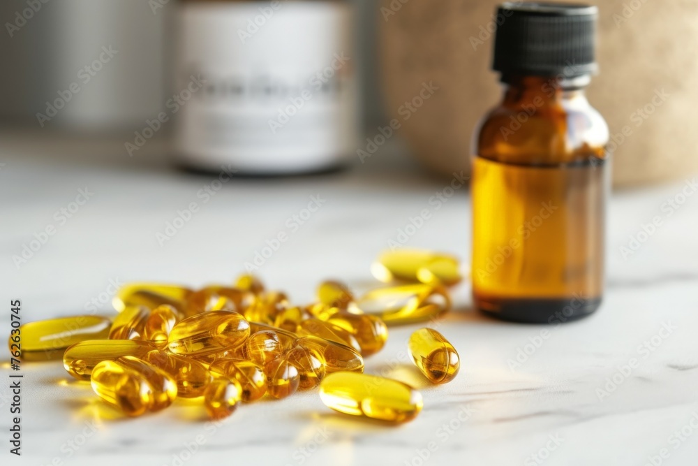 A pile of transparent yellow pills with an amber glass bottle on a table A pile of transparent yellow pills with an amber glass bottle on a table