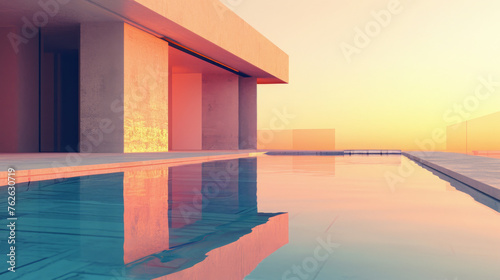 Sunset reflecting on the tranquil waters of a modern infinity pool. 3D render for design and print. Luxury and relaxation concept with copy space. Architectural visualization for poster  wallpaper