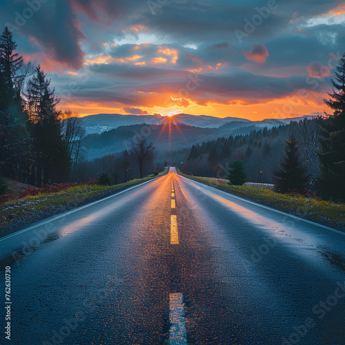 Empty asphalt road and beautiful sky at sunset