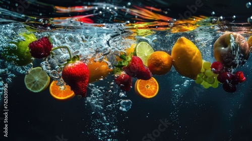 Dive into the vibrant world of freshness as an array of colorful fruits splash into the water, capturing the essence of summer's vitality © pvl0707