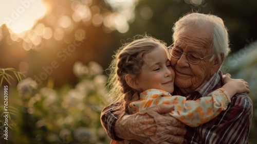 An older man embraces a young girl warmly in a grassy field, showing a tender display of care and affection between generations.