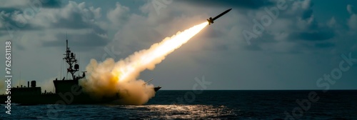 Missile being launched from a warboat at dusk, banner. photo