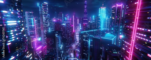 3D rendering of a futuristic city at night with mega neon lights photo