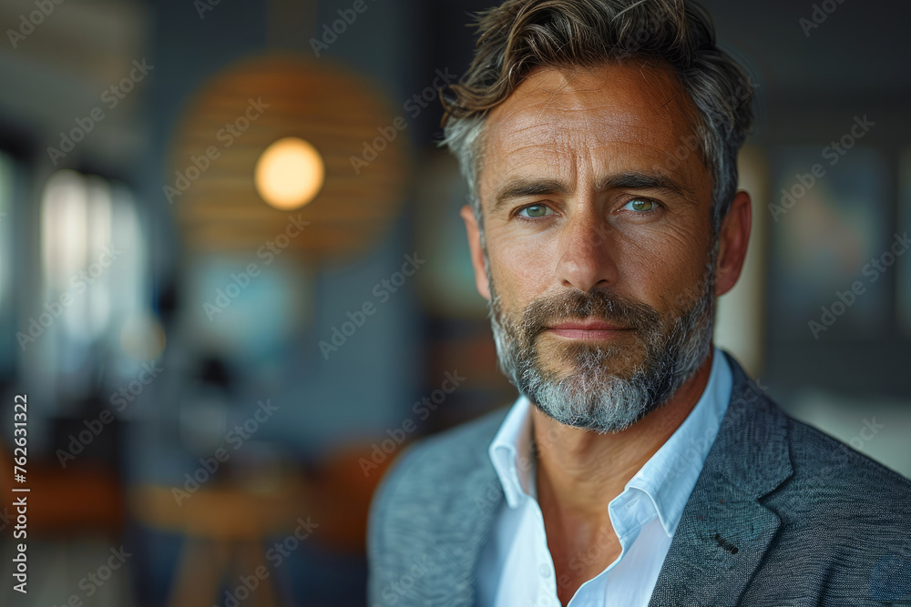 A man with a beard and gray hair is wearing a suit and standing in front of a wall. 45 years old professional man good looking, posing for the presentation picture A man with a beard and gray hair is wearing a suit and standing in front of a wall. 45 years old professional man good looking, posing for the presentation picture