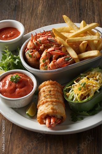 Delectable Fried Shrimp with French Fries and Dipping Sauces