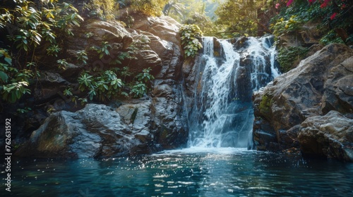 A powerful waterfall cascades down a rocky cliff surrounded by dense green foliage in the heart of a vibrant jungle setting. The rushing water creates a mesmerizing spectacle as it plunges into a clea photo