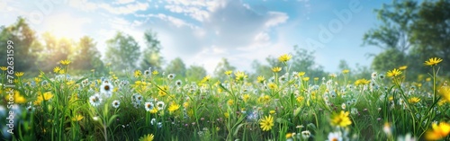 A field filled with a sea of yellow and white flowers. The bright colors of the blooms contrast beautifully against the green foliage. Bees and butterflies flutter among the blossoms, pollinating the  photo