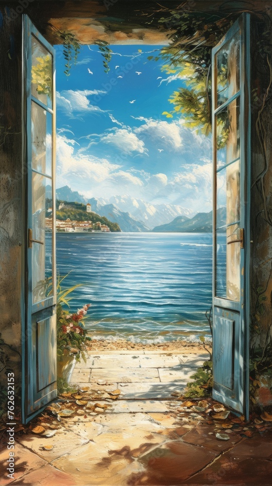 Painting of an Open Door Revealing a View of the Ocean