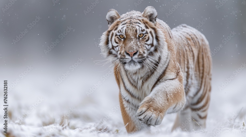 A tiger walking in a field of green grass, with snow-covered trees in the background