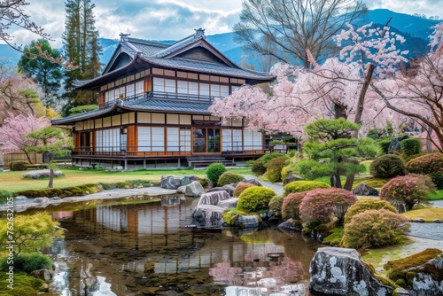 A traditional Japanese house stands with a pond in front of it. The house features typical Japanese architecture  while the pond adds a peaceful touch to the scene.