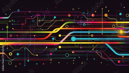 colorful glowing lines and dots on a black background, simple shapes representing subway or train tracks in the style of an electronic art Generative AI