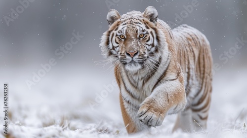  A tiger walking in a field of green grass  with snow-covered trees in the background