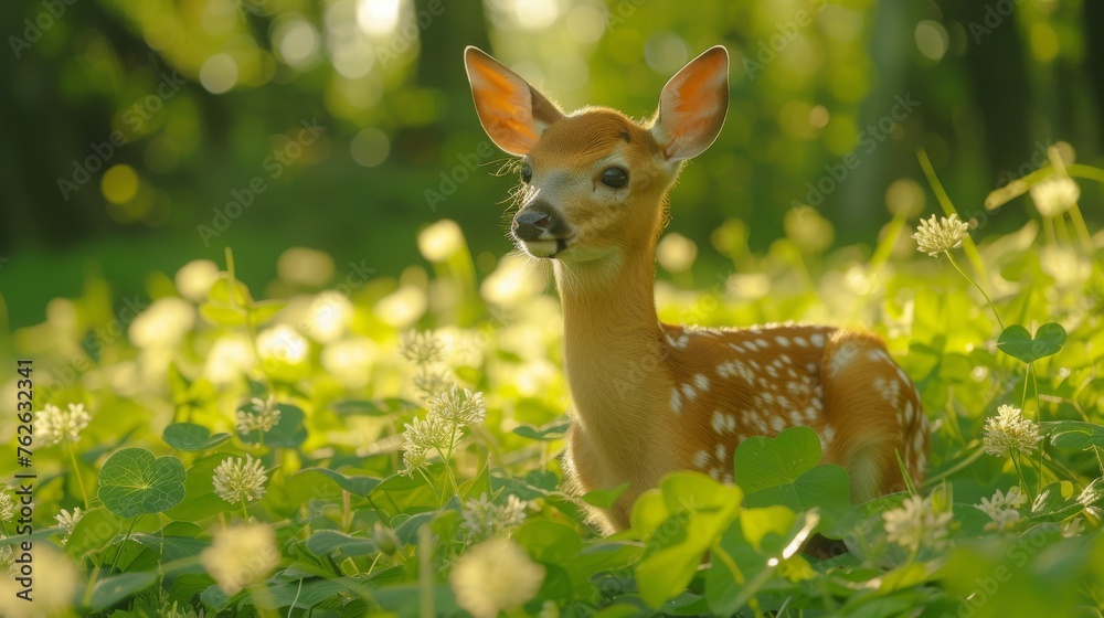 A deer in green grass, surrounded by trees and white flowers in the background A deer in green grass, surrounded by trees and white flowers in the background