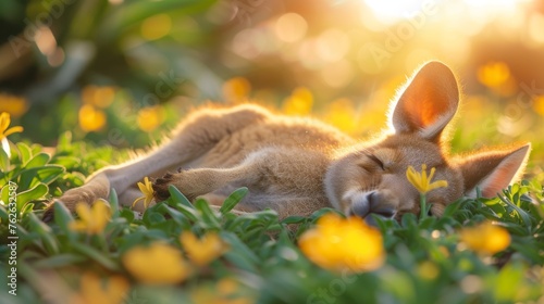  A dog, lying on green grass with flowers nearby