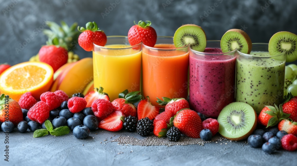 Healthy smoothies with fresh fruits and berries on table, closeup Healthy smoothies with fresh fruits and berries on table, closeup