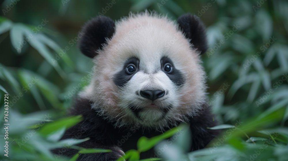 A close-up of a surprised panda in a green field, among plants A close-up of a surprised panda in a green field, among plants