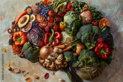 Assorted vegetables and fruits forming brain shape on textured background