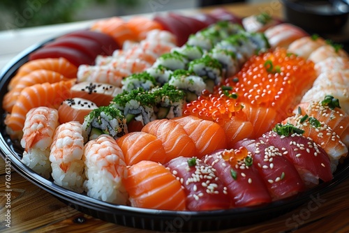 A lavish assortment of Japanese sushi featuring salmon, tuna, and caviar on a black platter.