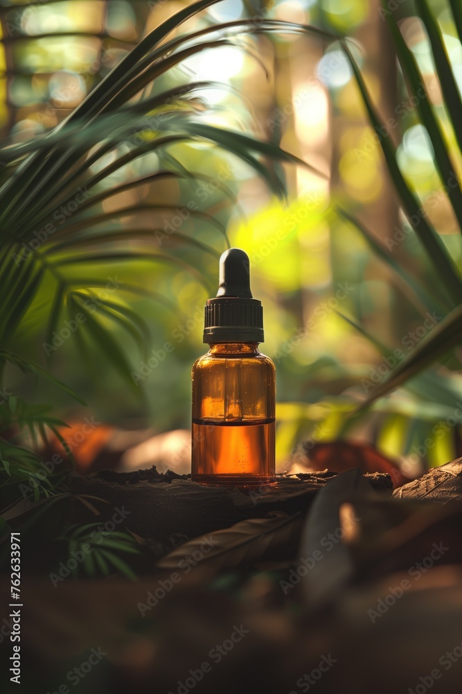 Amber essential oil bottle in vibrant greenery. Amber essential oil bottle in vibrant greenery.
