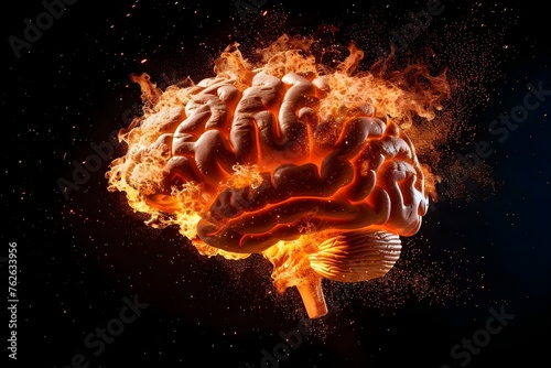 The Brain's Fiery Process: Symbolizing Long-Term Memory Storage, Information Processing, and Deep Learning. Concept Memory Storage, Information Processing, Deep Learning, Brain Functions photo