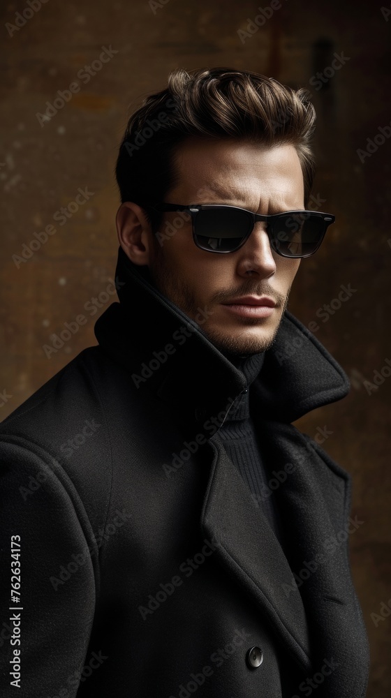 Obraz premium Stylish Man in Black Coat and Sunglasses Posing Against a Textured Wall